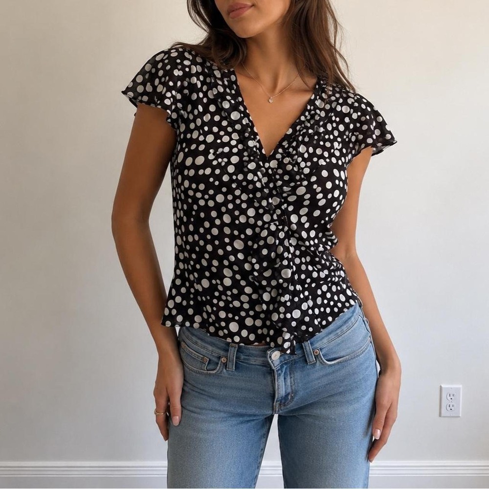 Brown Polka Dot Ruffle Chiffon Blouse Women 8P Coquette 90s Y2K Retro Whimsygoth
